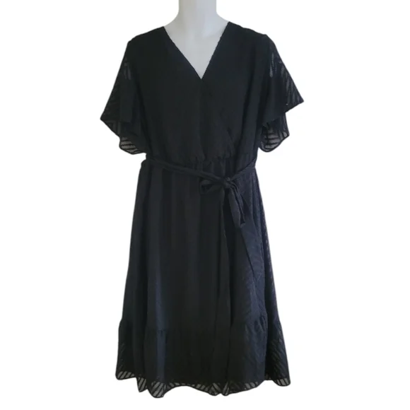 BloomChic Black Geometric Pocket Ruffle Sleeve Belted Midi Dress - Women's Plus - Picture 5 of 13